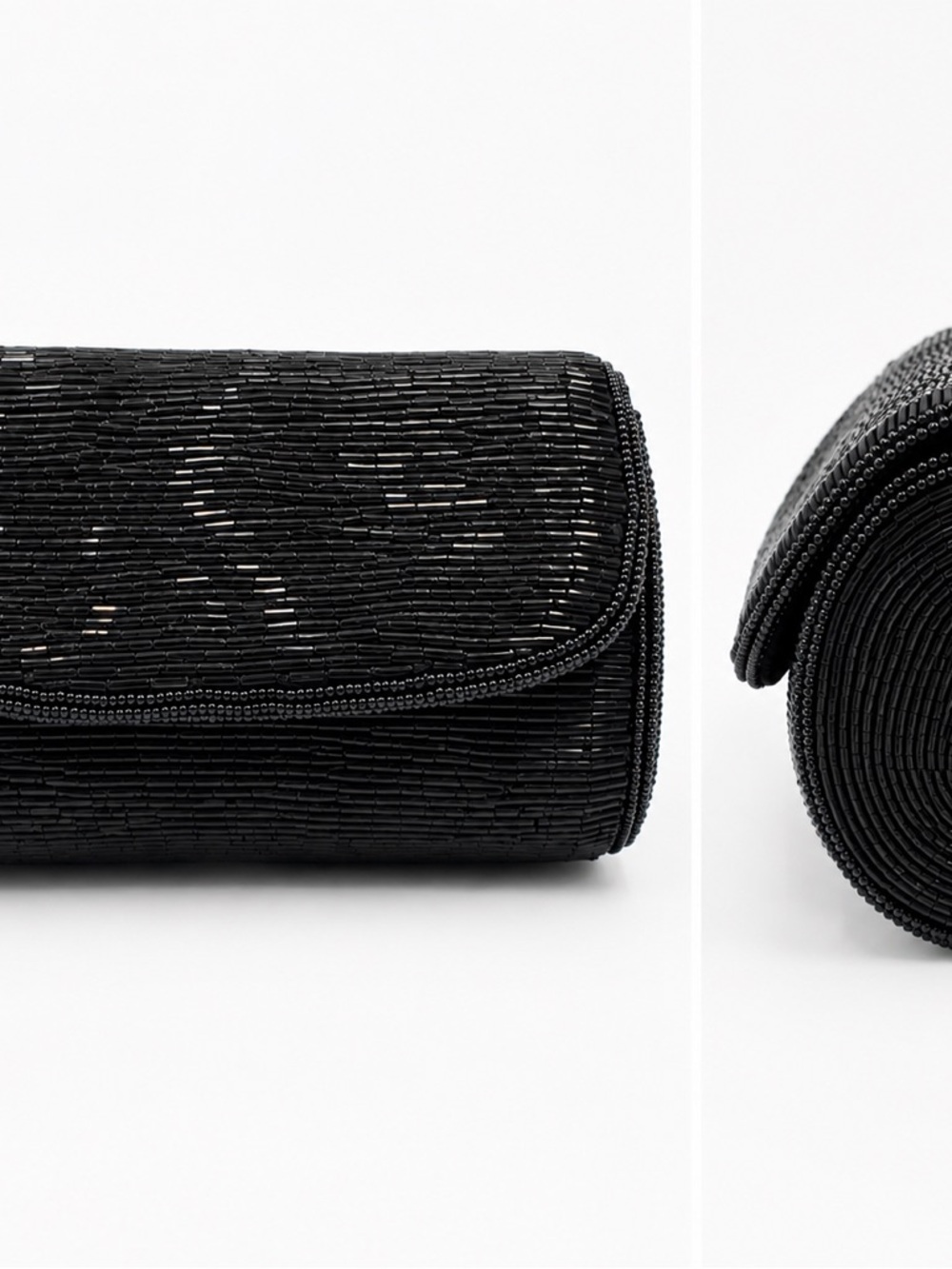 Vintage Michelle Stuart Black Beaded Evening Barrel Clutch Minimalist Goth Glam